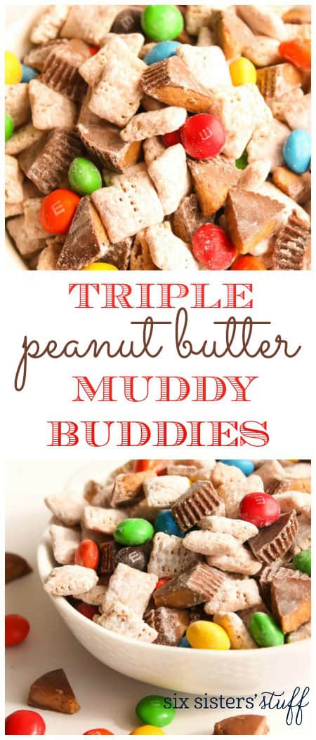 Triple Peanut Butter Muddy Buddies | Six Sisters' Stuff