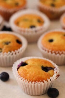 A close-up of freshly baked blueberry muffins in white paper liners, with a few scattered blueberries on a light-colored surface.