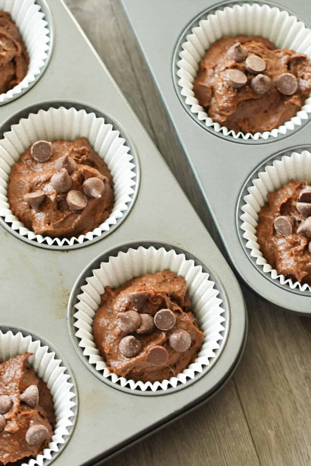 Close-up of a muffin tray with paper liners filled with chocolate batter and topped with chocolate chips, ready for baking.