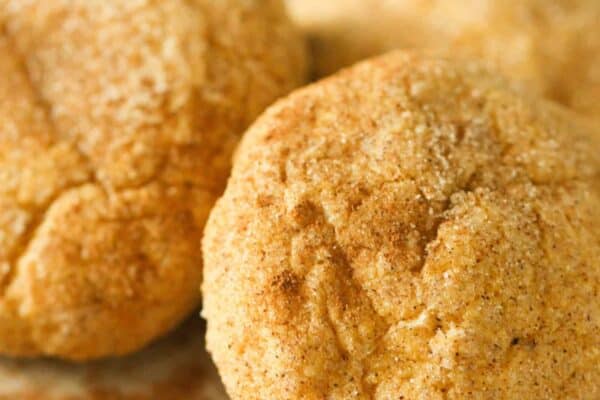 Three cinnamon dusted cookies on a white surface with additional cinnamon sprinkled around.