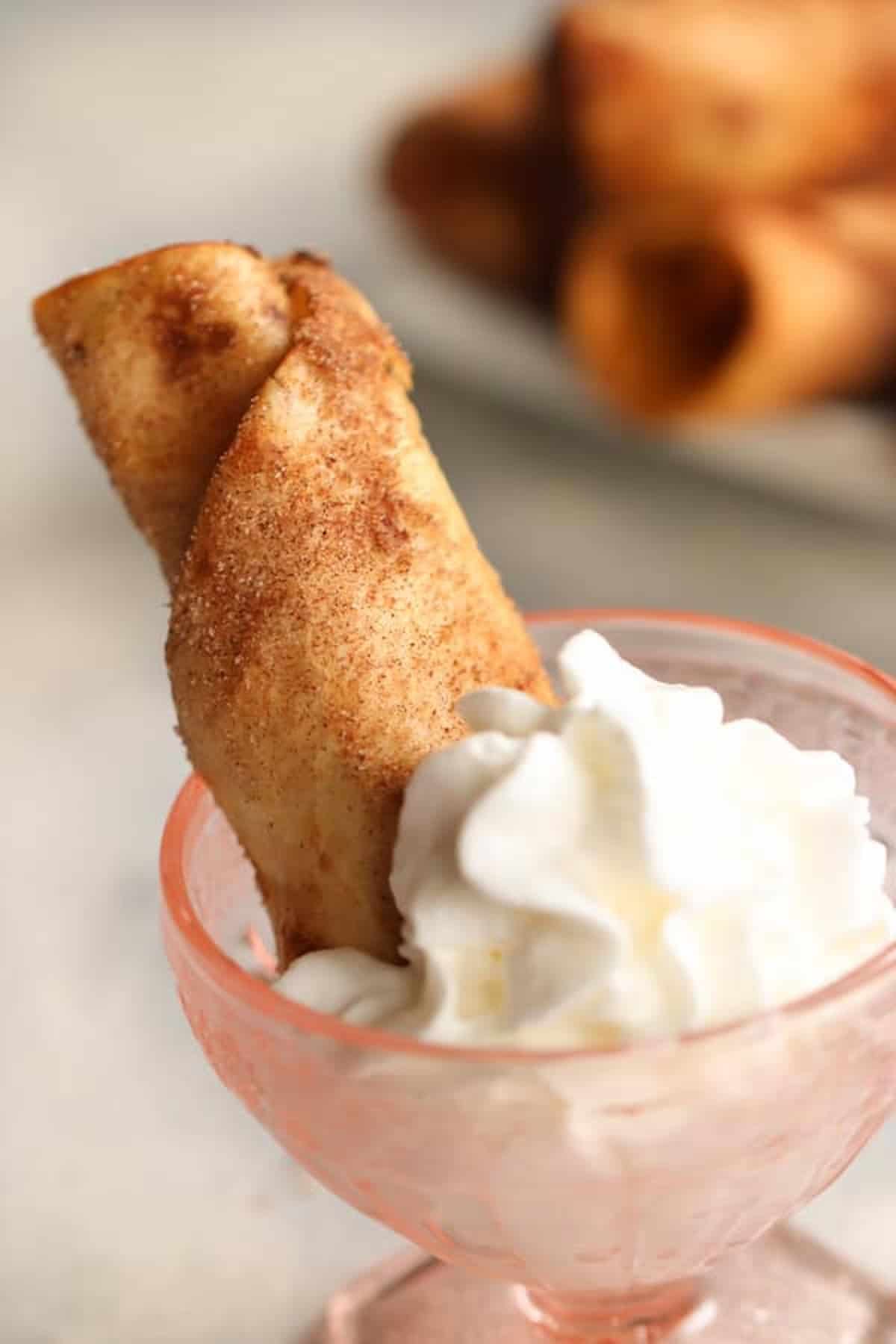 A cinnamon-dusted churro-style dessert is placed in a glass bowl with whipped cream, with similar desserts blurred in the background.