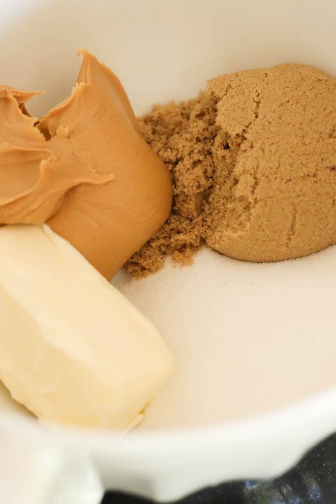 Peanut Butter Sugar and Butter together in a mixing bowl.