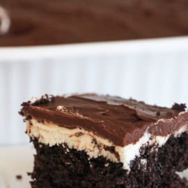 Close-up of a piece of layered chocolate cake with a creamy middle and chocolate icing on a white plate. The background shows a baking dish with more cake.