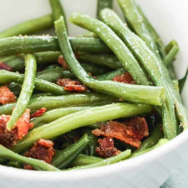 Brown Sugar and Bacon Green Beans in a white serving bowl.