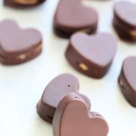 Peanut Butter Chocolate Hearts on a countertop.