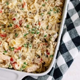 easy chicekn and noodle casserole in a baking dish