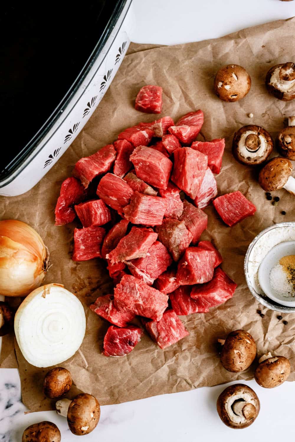 Ingredients for Slow Cooker Beef Sirloin Tips and Gravy.