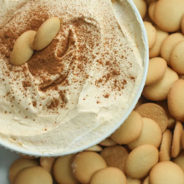 A bowl of creamy dessert topped with two cookies and sprinkled with cocoa powder, surrounded by an assortment of round cookies.