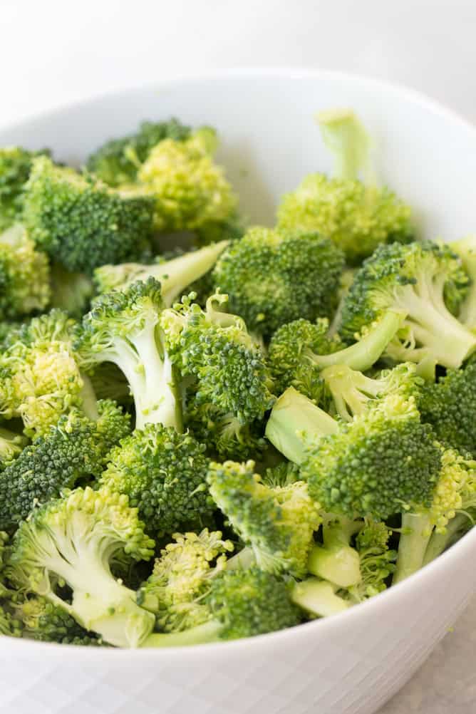 Chopped up broccoli in a mixing bowl
