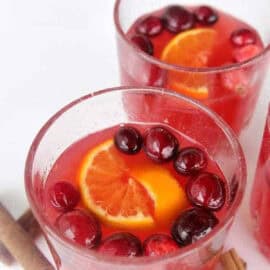 Two glasses filled with a red drink, each garnished with an orange slice and cranberries.