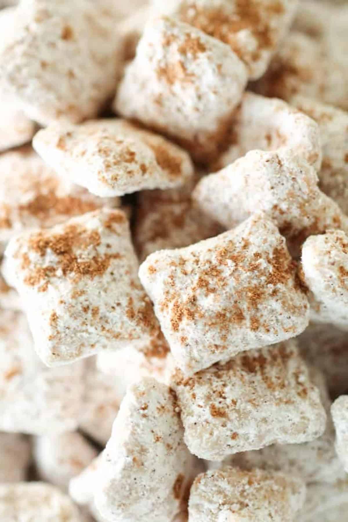 Close-up view of cereal squares coated with powdered sugar and sprinkled with cinnamon.