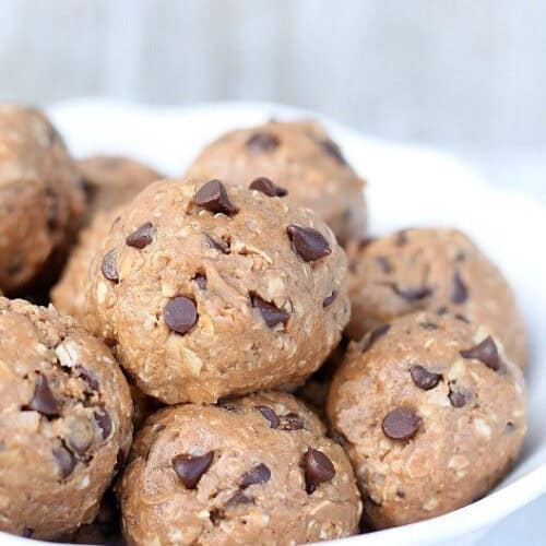 chocolate protein energy bites in a white bowl