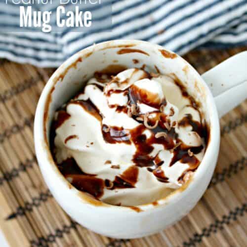 Chocolate Peanut Butter Mug Cake in a white mug.