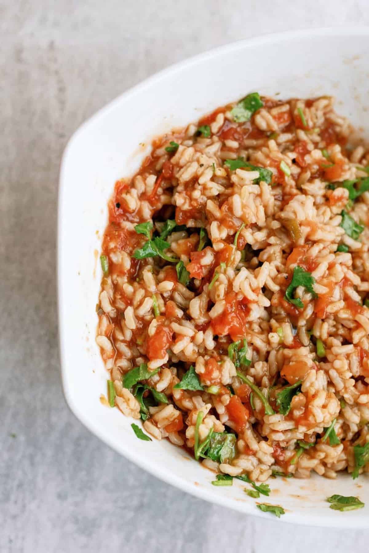 A white bowl filled with rice mixed with tomato, herbs, and spices on a light surface.