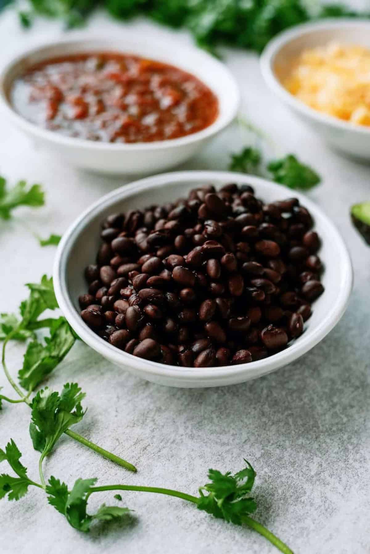 A bowl of black beans is in the foreground, with bowls of red salsa and grated cheese in the background. Fresh cilantro is scattered on the table.