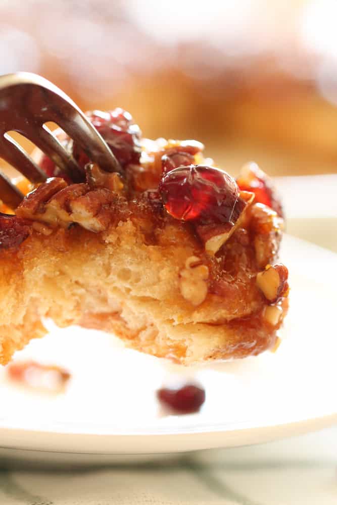 A fork holding a bite of Craisin Pecan Sticky Buns