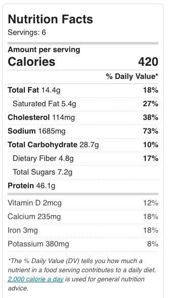 Nutrition facts label indicating 420 calories per serving, with 14.4g total fat, 114mg cholesterol, 1685mg sodium, 28.7g total carbs, 4.8g dietary fiber, 12g sugars, and 46.1g protein.