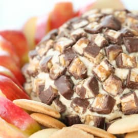 A dessert ball studded with chocolate and caramel chunks, surrounded by apple slices and cookies on a white plate.