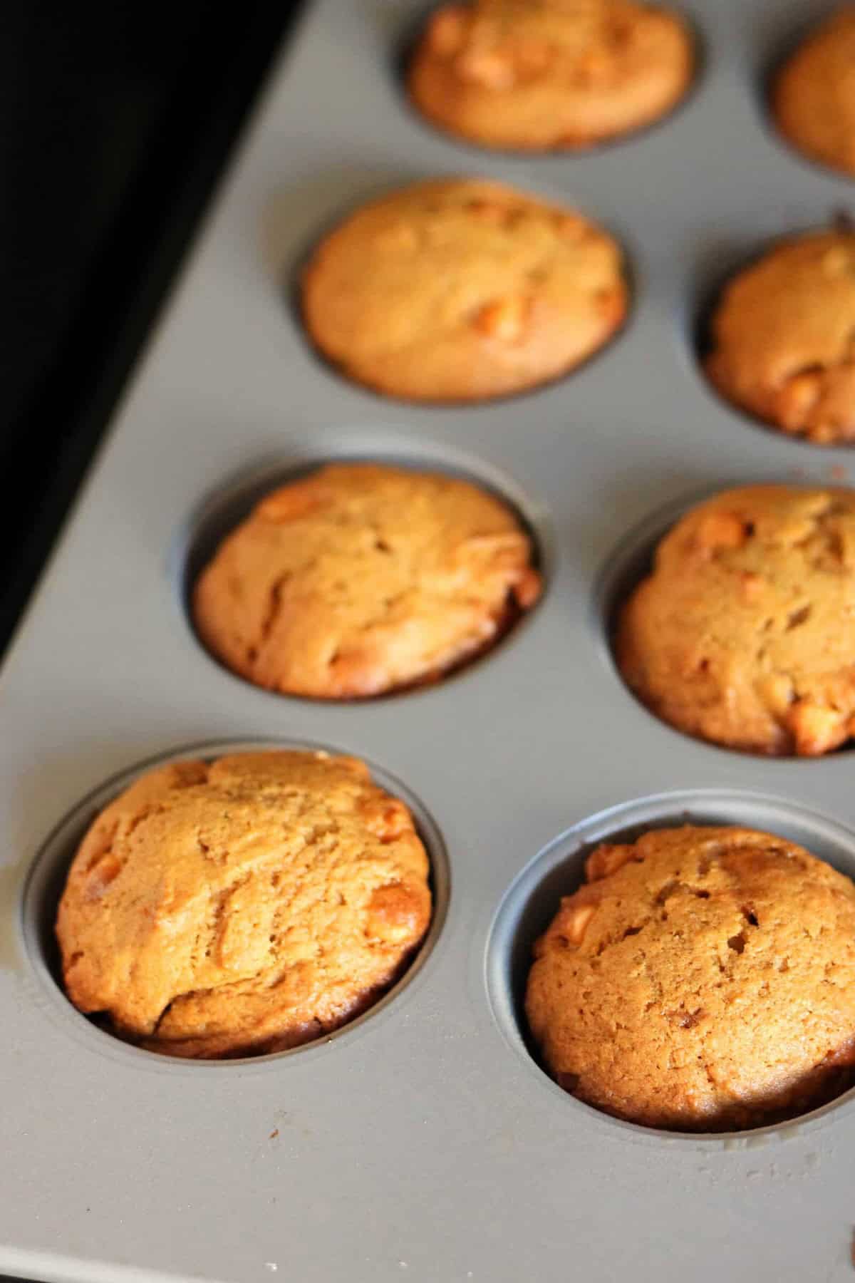 A close-up of freshly baked muffins in a gray muffin tin, each compartment filled with a golden-brown muffin.