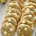 Banana Cream Pudding Cookies in two rows on a serving plate.