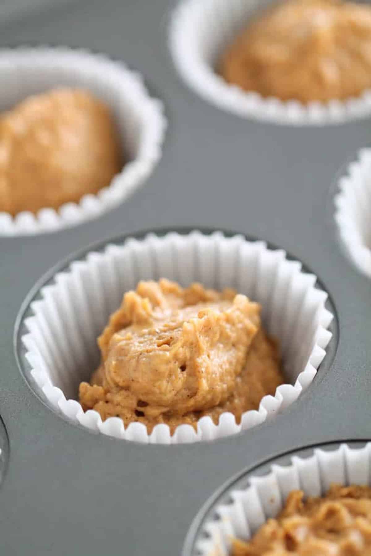 Muffin batter in multiple paper-lined cups placed in a muffin tin, ready for baking.