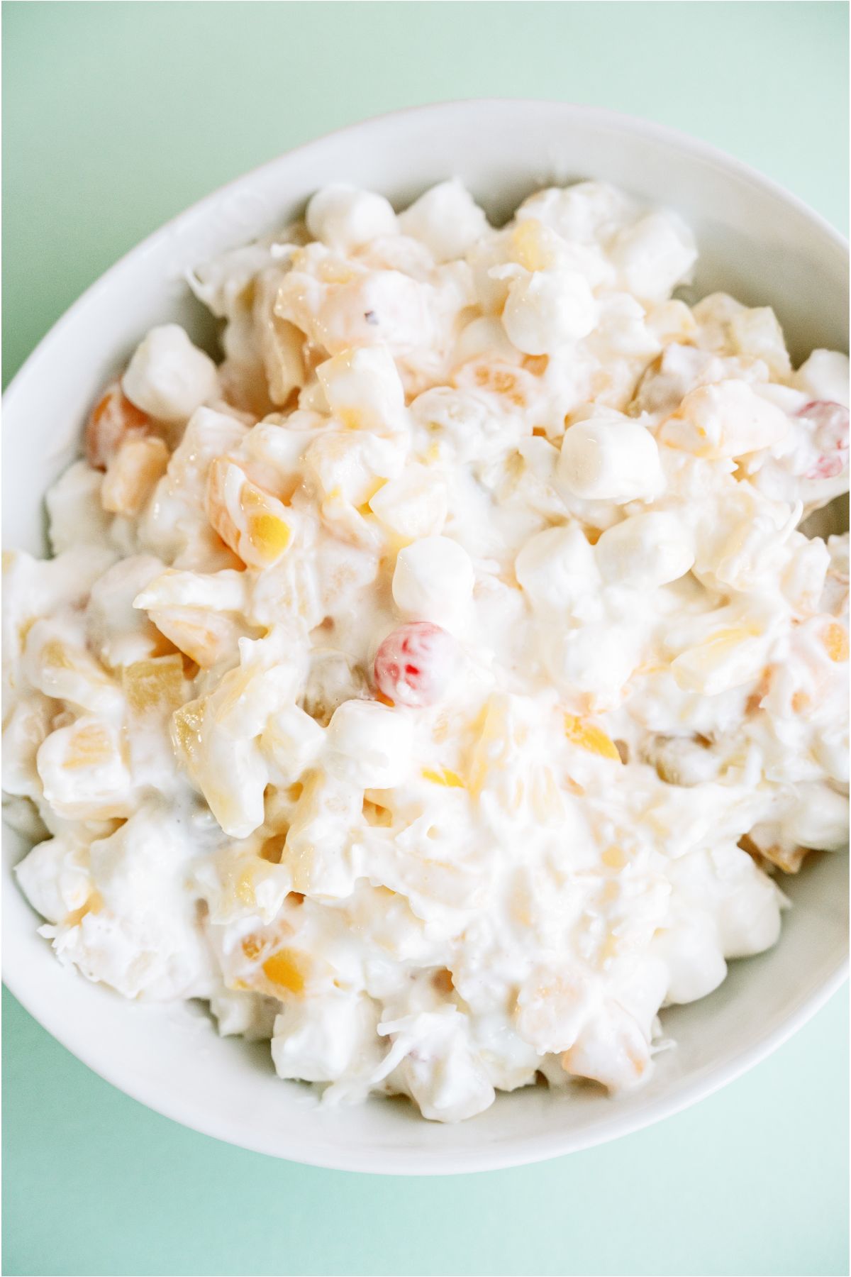 Large serving bowl of Easy Ambrosia Salad.