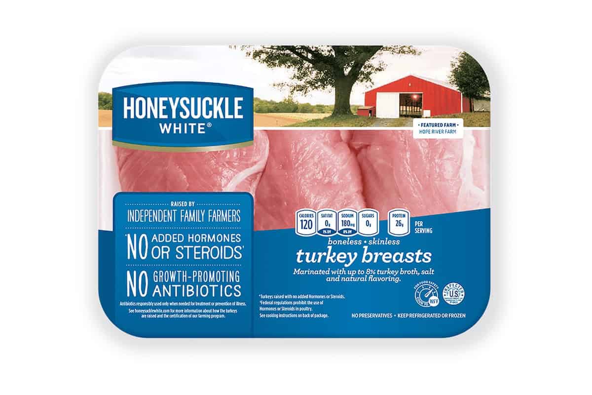 The image shows a packaging of Honeysuckle White's boneless, skinless turkey breasts. The label highlights "No added hormones or steroids" and "No growth-promoting antibiotics.