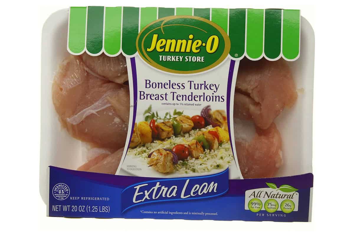 Package of Jennie-O boneless turkey breast tenderloins, weighing 20 oz (1.25 lbs), labeled as extra lean and all-natural. The product is kept refrigerated.