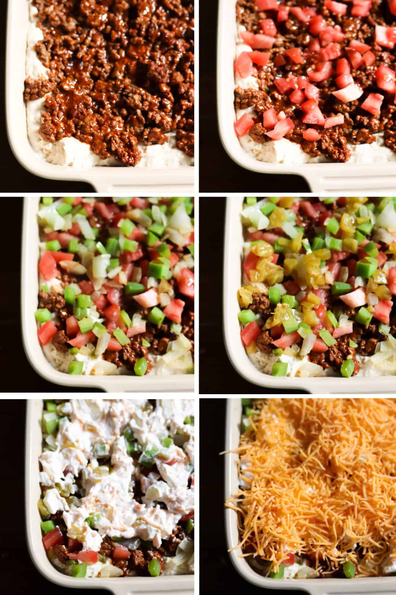 Layering stages for the John Wayne Casserole in a white casserole dish