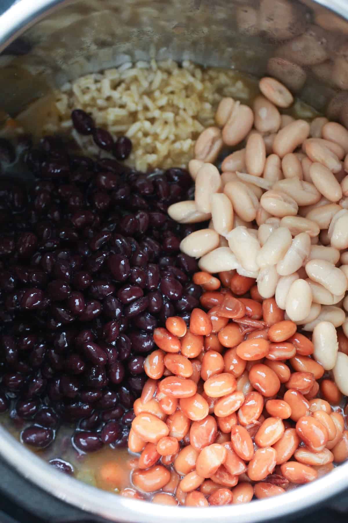 Close-up of an assortment of beans including black beans, white beans, and kidney beans, with a portion of rice in a metal pot.