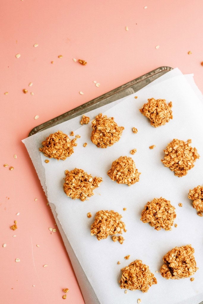 No-Bake Cookie Butter Cookies on a baking sheet lined with parchment paper.