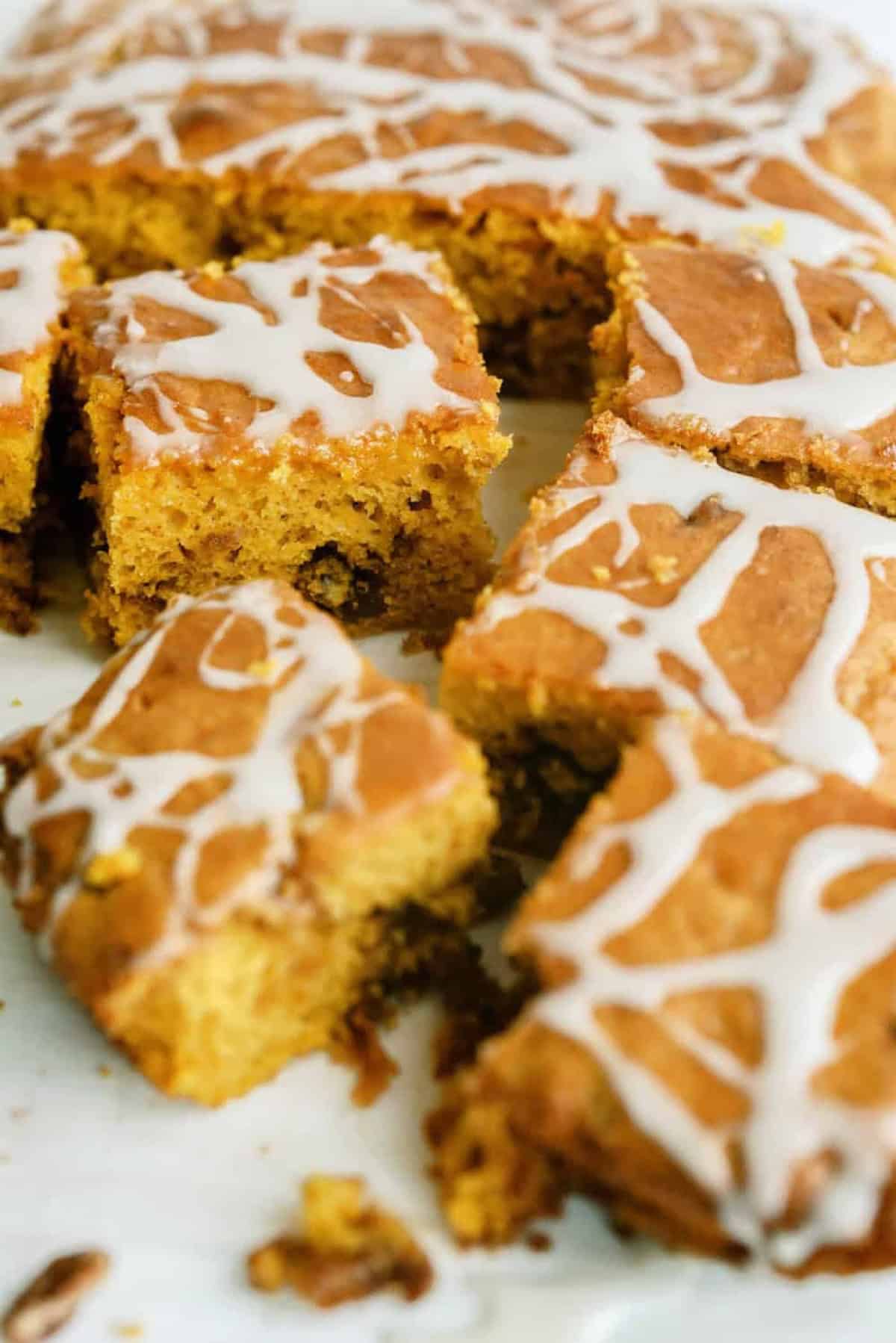 Pumpkin Honey Bun Cake cut into squares