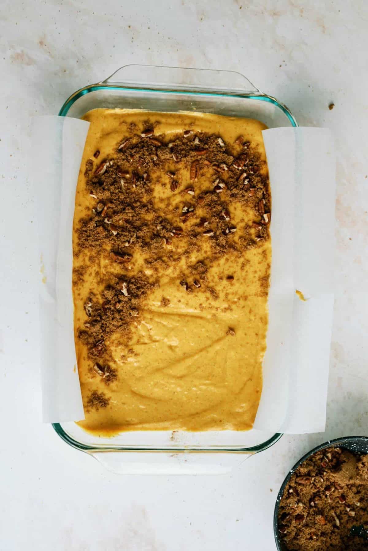 Topping sprinkled on top of unbaked cake