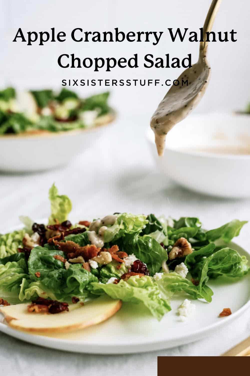 apple cranberry walnut salad on a plate with dressing being poured on it