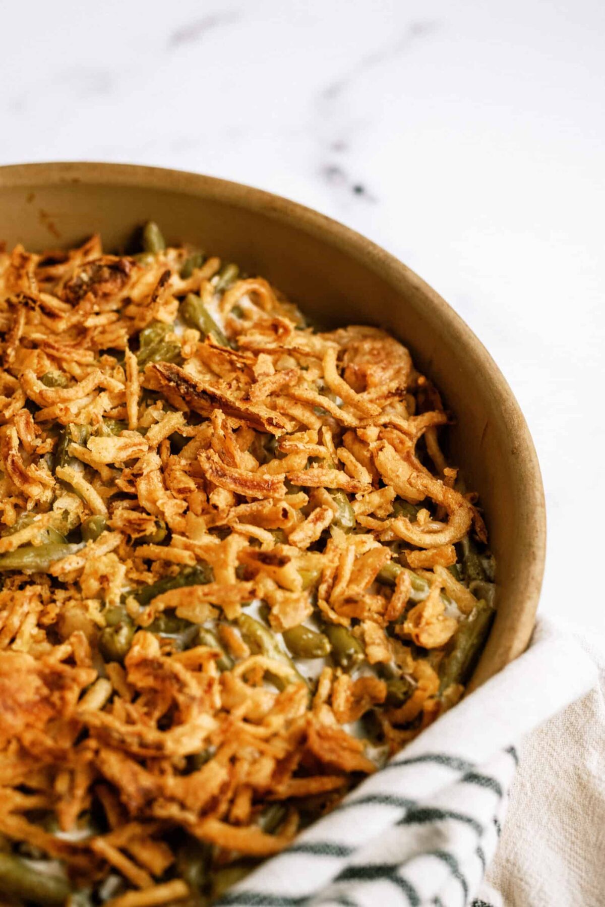 Classic Green Bean Casserole baked in casserole dish.