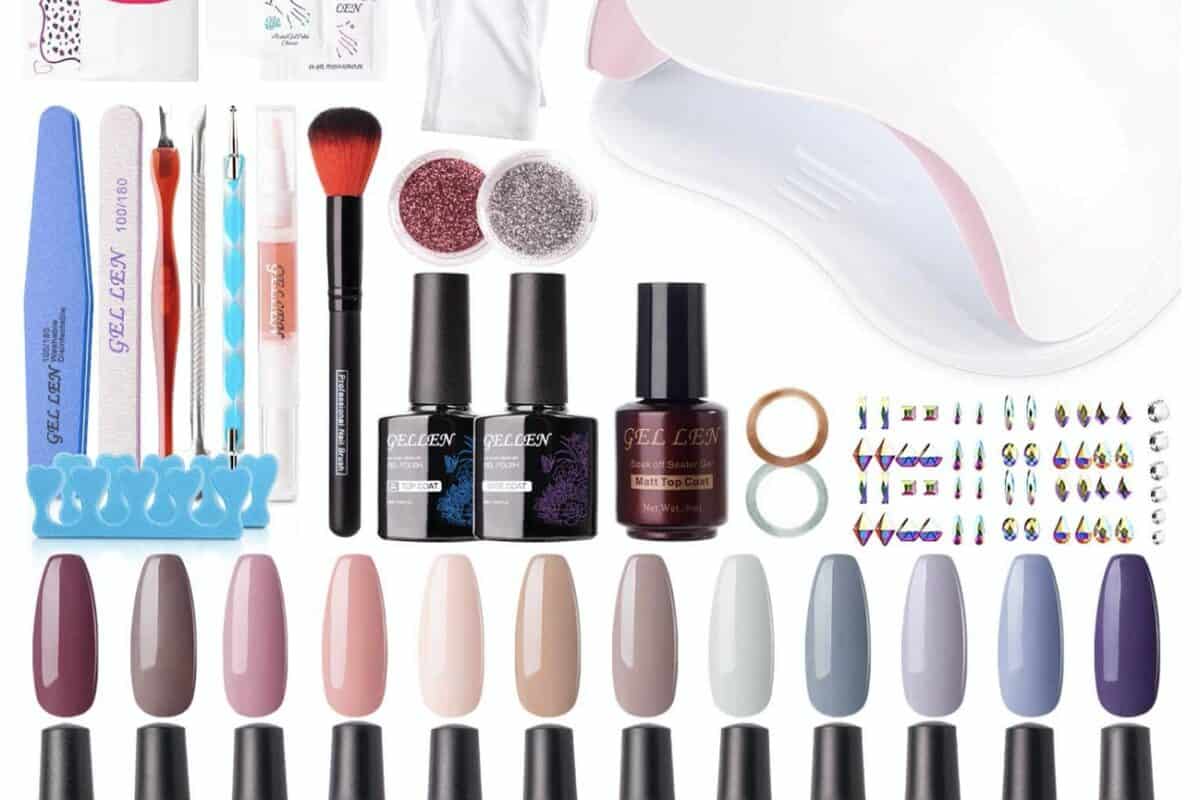 manicure/pedicure set with nail polishes, brushes, gems, tools