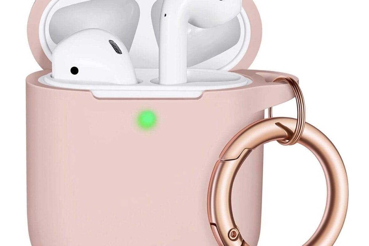Apple Air Pods case in pink with rose gold accents