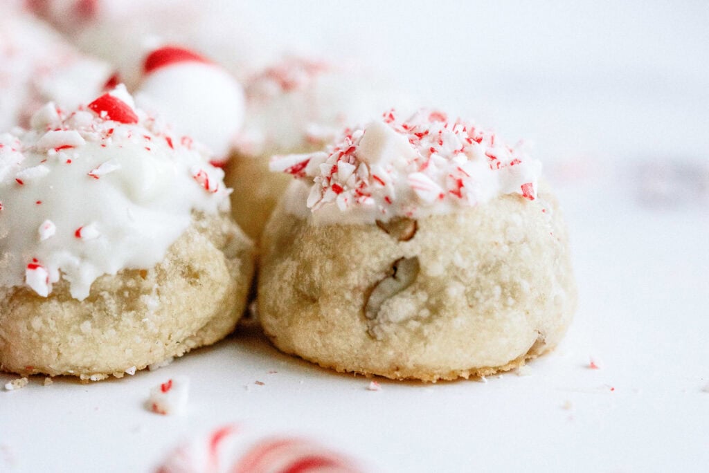 Close up of a group of Peppermint Snowball Cookies.