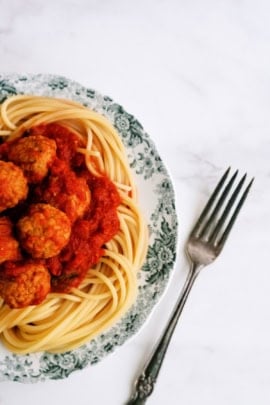 Instant Pot Italian Meatballs ready to serve over spaghetti noodles