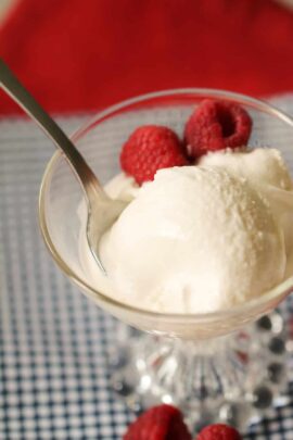 Scoops of Old Fashioned Homemade Vanilla Ice Cream in an ice cream dish