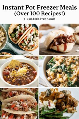 A collage of six different instant pot freezer meals, including tacos, a sandwich with meat, a bowl of chili, a bowl of pasta with greens, another type of tacos, and a plate with chicken and vegetables.