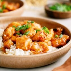 A plate of Baked Sweet and Sour Chicken served over white rice.