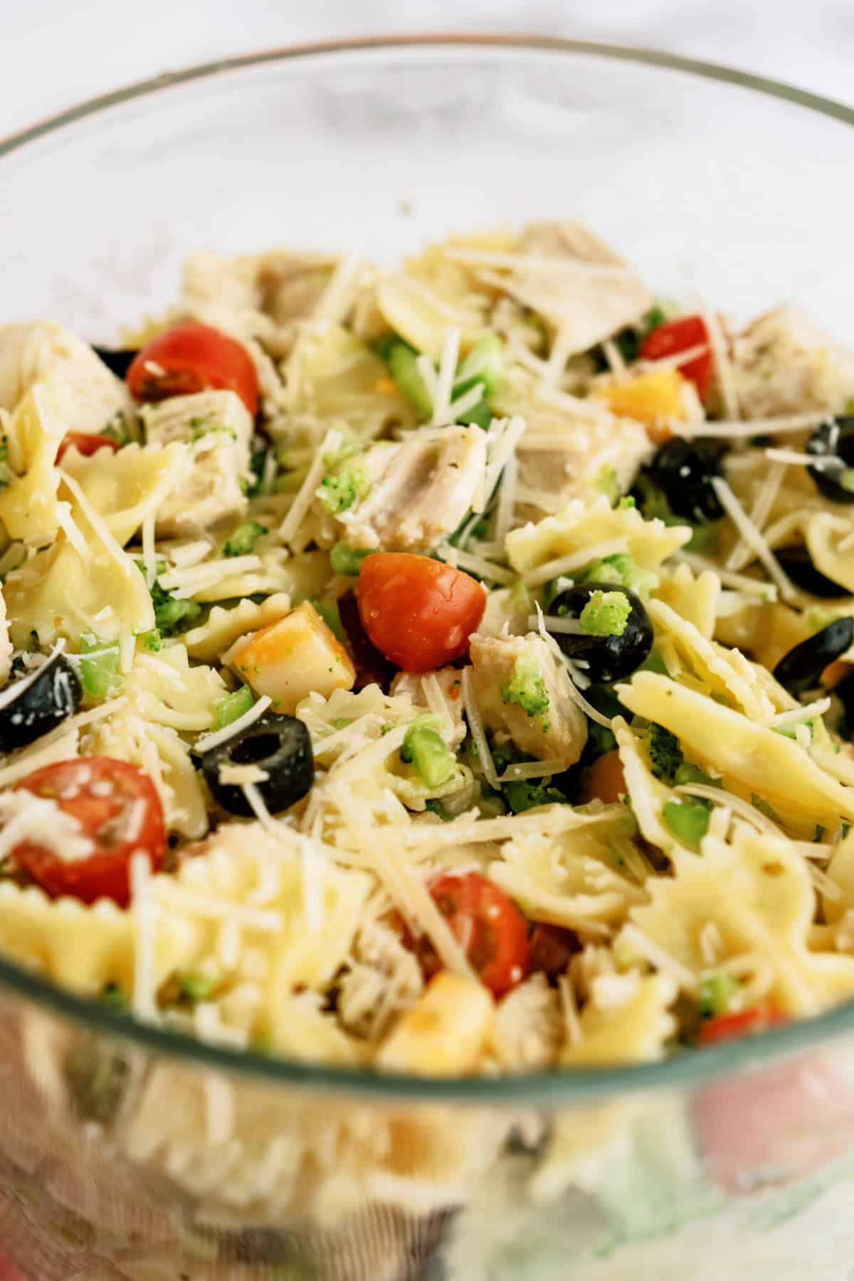 Grilled Chicken Bow Tie Pasta Salad in glass bowl