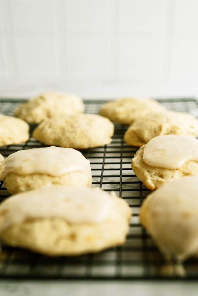 Frosted Banana Cookies on a cooling rack.