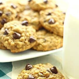 A plate of chocolate chip cookies with a glass of milk on the side. One cookie in the foreground has a bite taken out of it.