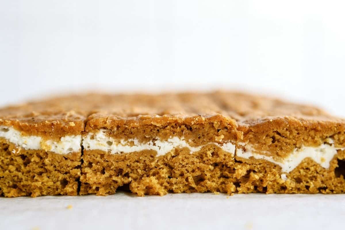 Close-up of a dessert bar with a crumbly brown top and bottom layer, featuring a white creamy filling in the center.