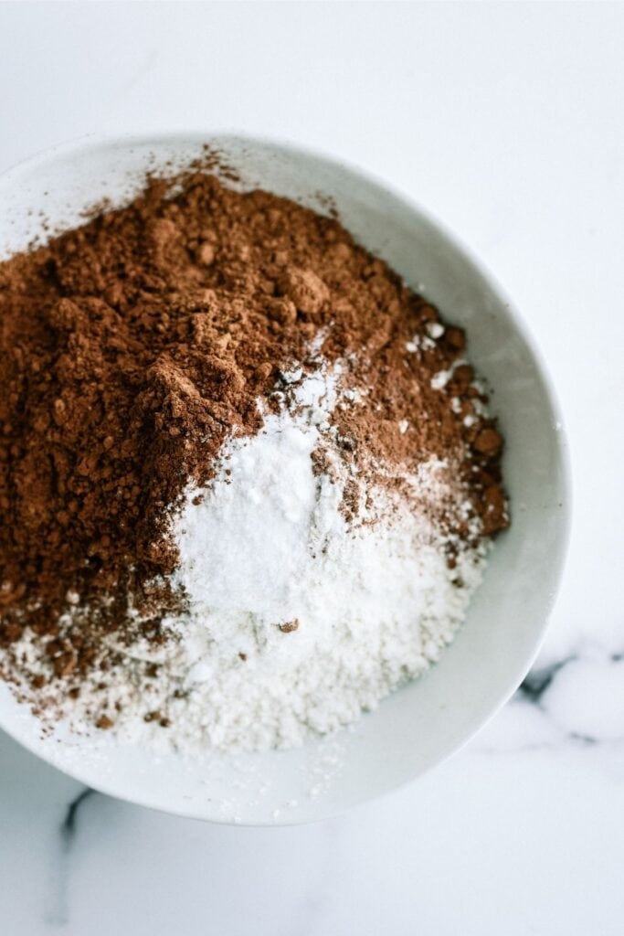 Dry Ingredients for Salted Caramel Chocolate Cookies in a mixing bowl.