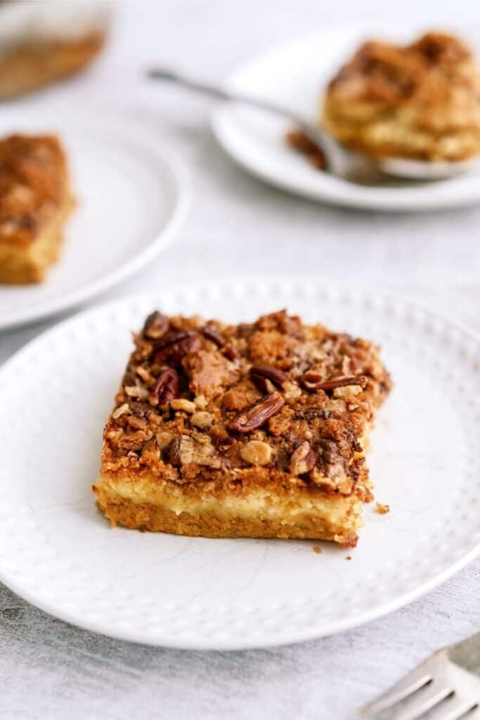 A square piece of coffee cake topped with streusel and pecans sits on a white plate, with additional pieces of the cake blurred in the background.