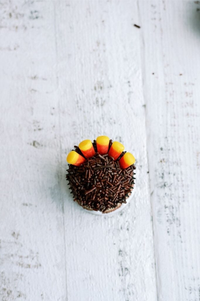 Cupcake with chocolate sprinkles and candy corn arranged like a turkey tail on a white wooden surface.