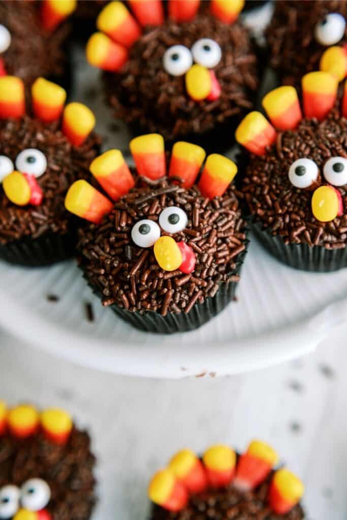 Chocolate cupcakes decorated with candy eyes, candy corn, and sprinkles to resemble turkeys, arranged on a white plate.